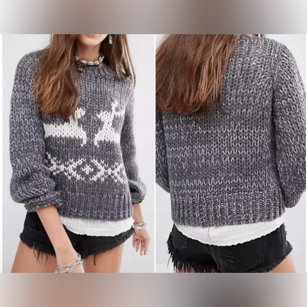 Free People Charcoal Dancer & Prancer Reindeer Chunky Knit Sweater - Size L